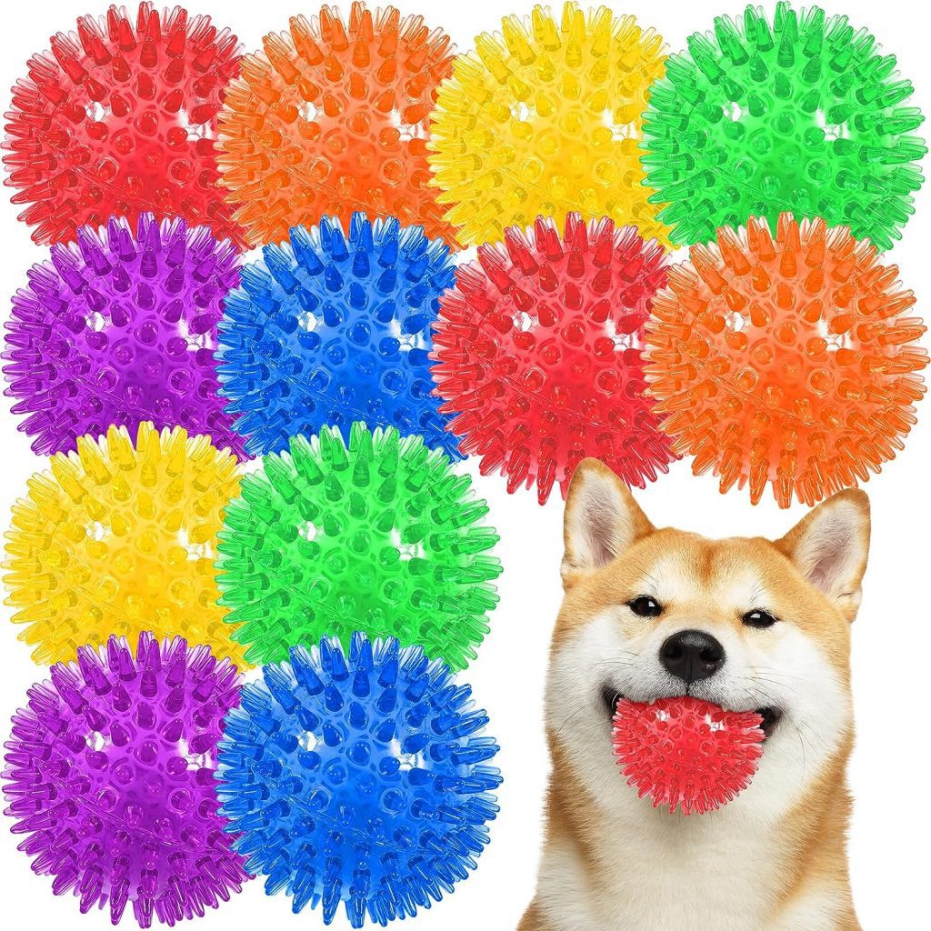 12 Pack Spiky Dog Squeaky Balls,Squeaky Dog Toys,Puppy Chew Toys for Teething in 6 Colors,Rubber Dog Balls for Aggressive Chewers,Clean Teeth and Training