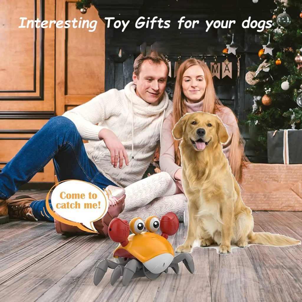 Fzonsh Crawling Crab Dog Toys,Escaping Toy with Obstacle Avoidance Sensor,Interactive Walking Crab Toys for Dogs with Music Sounds  Lights for Pets, Moving Toy Gift for Dogs (Yellow)