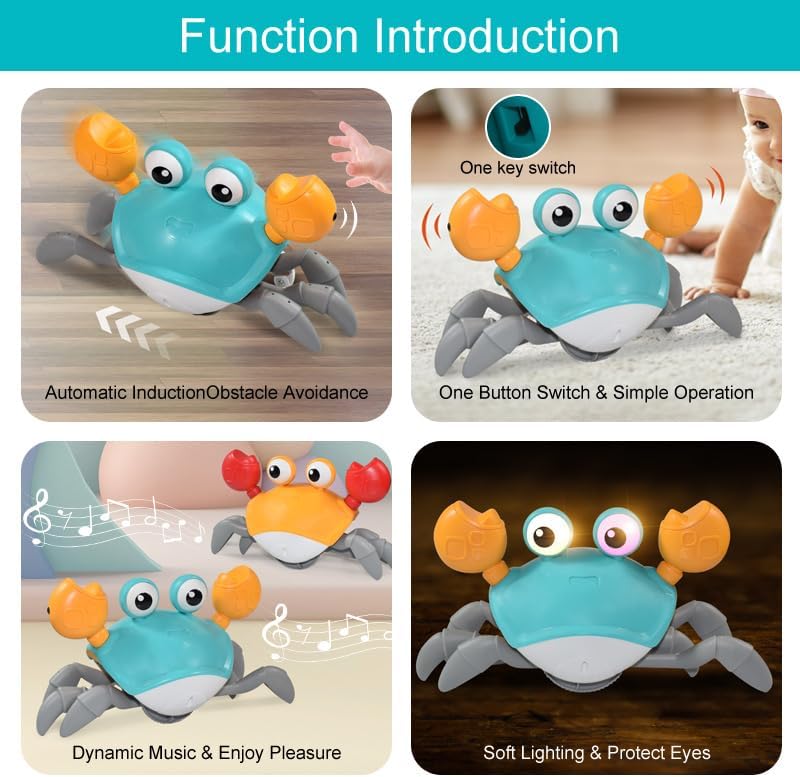 Fzonsh Crawling Crab Dog Toys,Escaping Toy with Obstacle Avoidance Sensor,Interactive Walking Crab Toys for Dogs with Music Sounds  Lights for Pets, Moving Toy Gift for Dogs (Yellow)