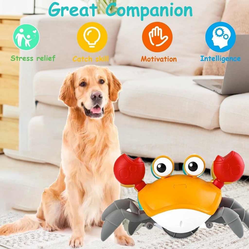 Fzonsh Crawling Crab Dog Toys,Escaping Toy with Obstacle Avoidance Sensor,Interactive Walking Crab Toys for Dogs with Music Sounds  Lights for Pets, Moving Toy Gift for Dogs (Yellow)