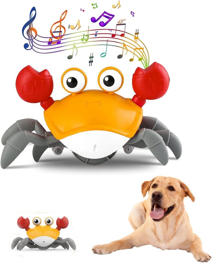 Fzonsh Crawling Crab Dog Toys,Escaping Toy with Obstacle Avoidance Sensor,Interactive Walking Crab Toys for Dogs with Music Sounds  Lights for Pets, Moving Toy Gift for Dogs (Yellow)