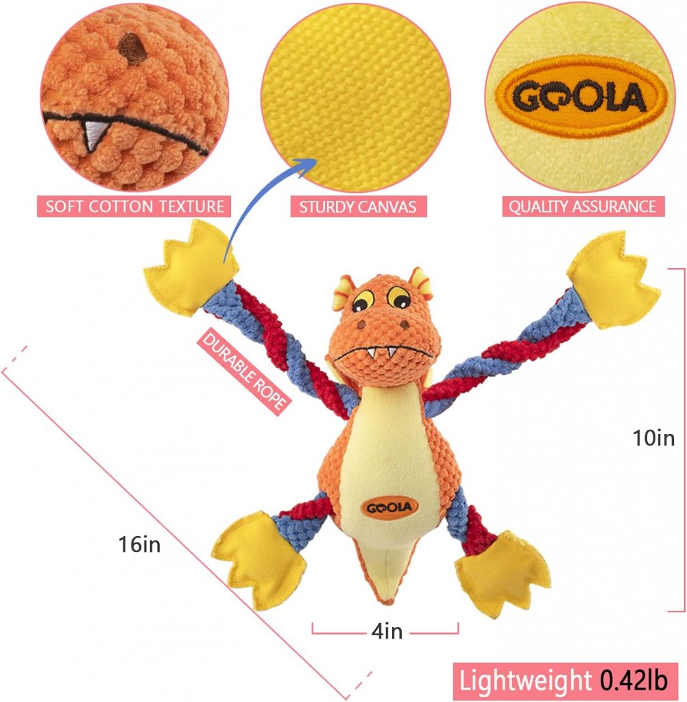 GOOLA Dog Squeaky Toys, Cute Dragon Interactive Plush Stuffed Toy with 5 Squeakers and Crinkle Paper,Pet Rope Chew Toy for Puppy Small Medium Large Breed Dogs