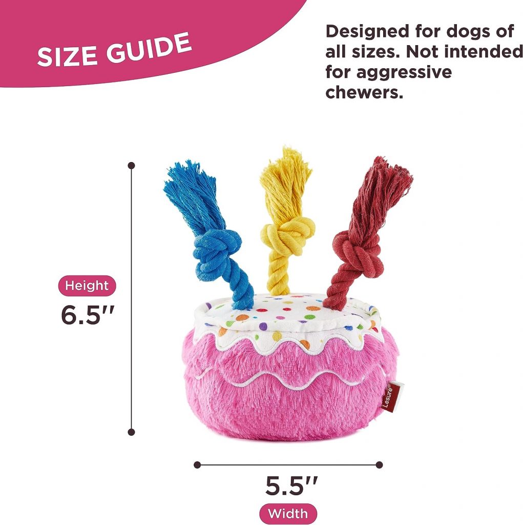 Lesure Dog Birthday Cake Toys - Plush Squeaky Dog Toys for Aggressive Chewers with Tough Rope and Crinkle Paper for Puppies, Indestructible Stuffed Dog Gifts, Cake, Pink