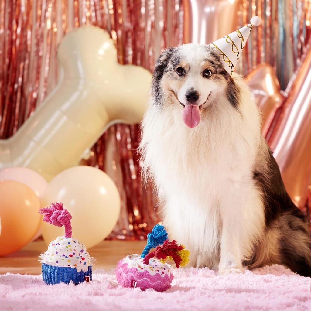 Lesure Dog Birthday Cake Toys - Plush Squeaky Dog Toys for Aggressive Chewers with Tough Rope and Crinkle Paper for Puppies, Indestructible Stuffed Dog Gifts, Cake, Pink