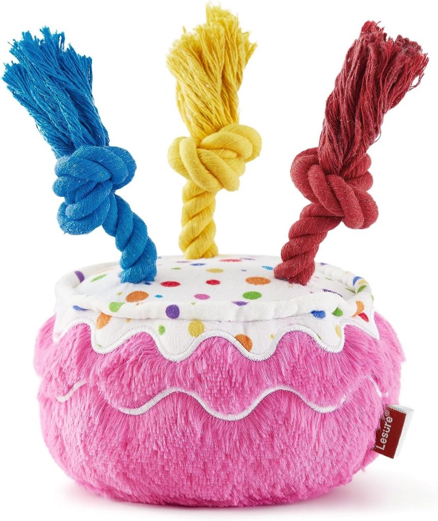 Lesure Dog Birthday Cake Toys - Plush Squeaky Dog Toys for Aggressive Chewers with Tough Rope and Crinkle Paper for Puppies, Indestructible Stuffed Dog Gifts, Cake, Pink
