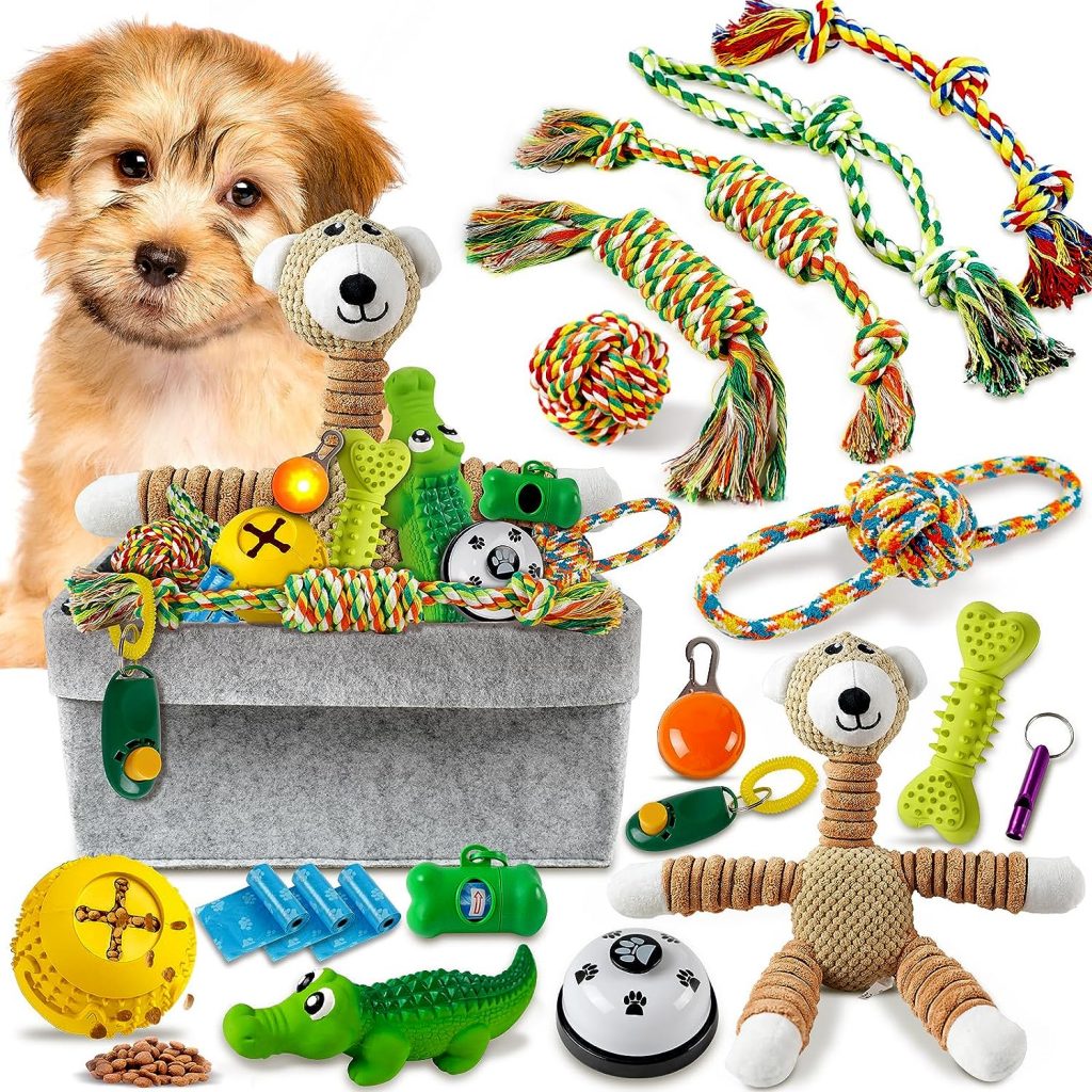 OSORD Puppy Chew Toys for Teething, 20Pcs Durable Dog Toys for Small Dogs, Squeaky Dog Toys and Interactive Rope Toy for Boredom, Dog Training Tools Puppy Essentials with Basket for Small Medium Breed