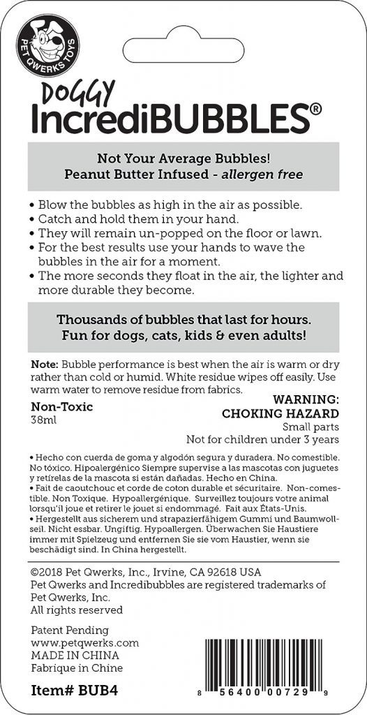 Pet Qwerks Incredibubbles Interactive Pet Toys - Long Lasting Edible Bubbles for Dogs  Cats - Peanut Butter Flavor - 38 ML, All Breed Sizes