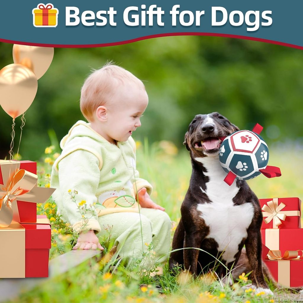 QDAN Dog Toys Soccer Ball with Straps, Outdoor Interactive Dog Toys for Tug of War, Puppy Birthday Gifts, Dog Tug Toy, Dog Water Toy, Durable Dog Balls for Small Dogs - BlueRed（5 Inch）
