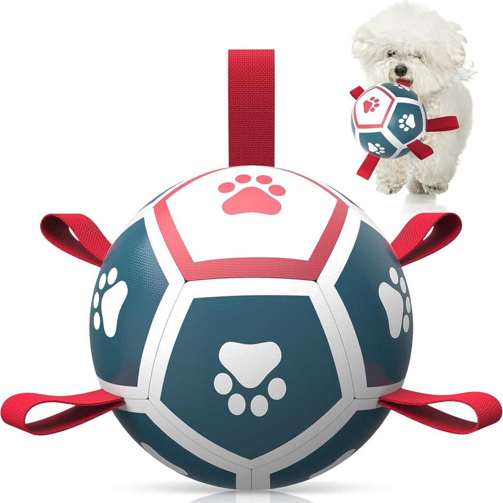 QDAN Dog Toys Soccer Ball with Straps, Outdoor Interactive Dog Toys for Tug of War, Puppy Birthday Gifts, Dog Tug Toy, Dog Water Toy, Durable Dog Balls for Small Dogs - BlueRed（5 Inch）