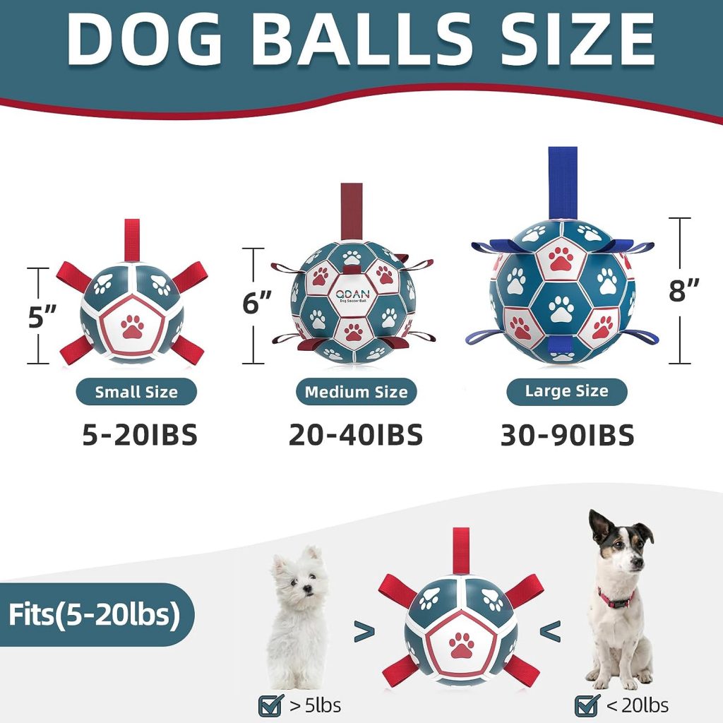 QDAN Dog Toys Soccer Ball with Straps, Outdoor Interactive Dog Toys for Tug of War, Puppy Birthday Gifts, Dog Tug Toy, Dog Water Toy, Durable Dog Balls for Small Dogs - BlueRed（5 Inch）